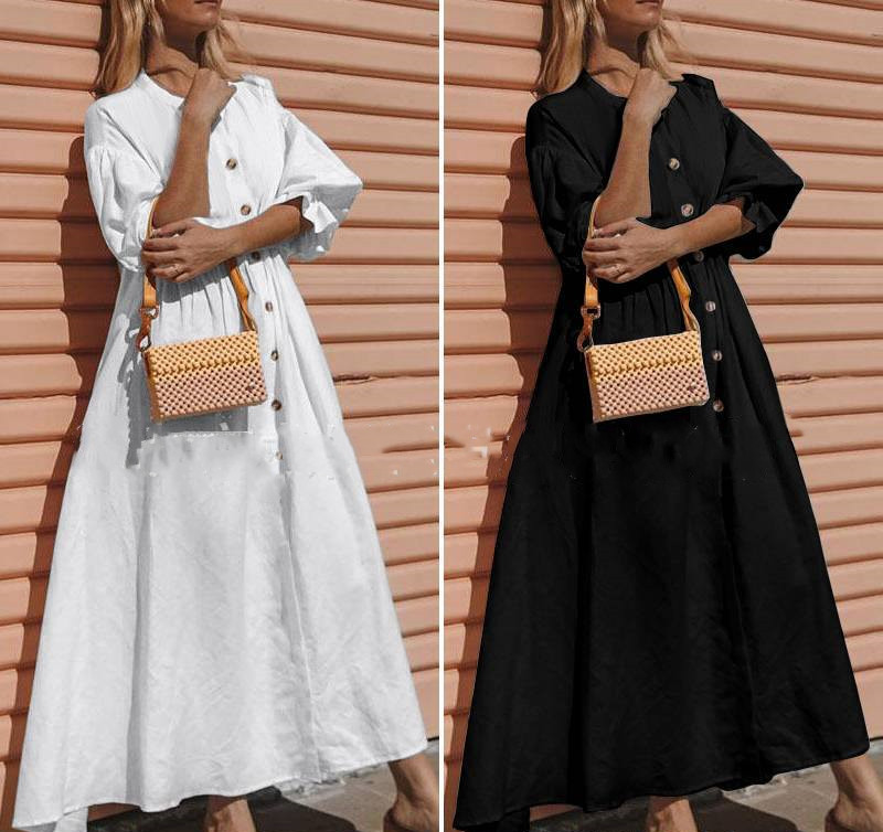 Cotton And Linen Solid Color Lantern Sleeve Long Dress