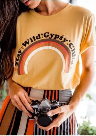 Women Summer T Shirt Stay Wild Gypsy Child Letter Rainbow Yellow - Shop at LoveMi