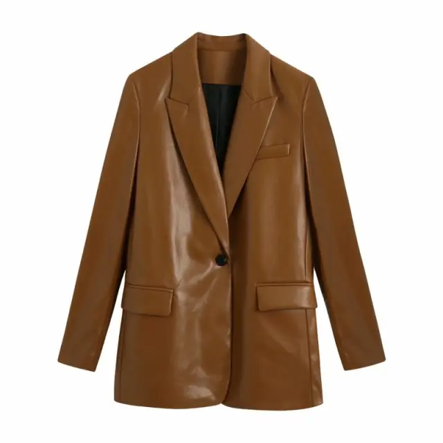 Trendy Temperament Faux Leather Suit Jacket Chocolate L - Shop at LoveMi