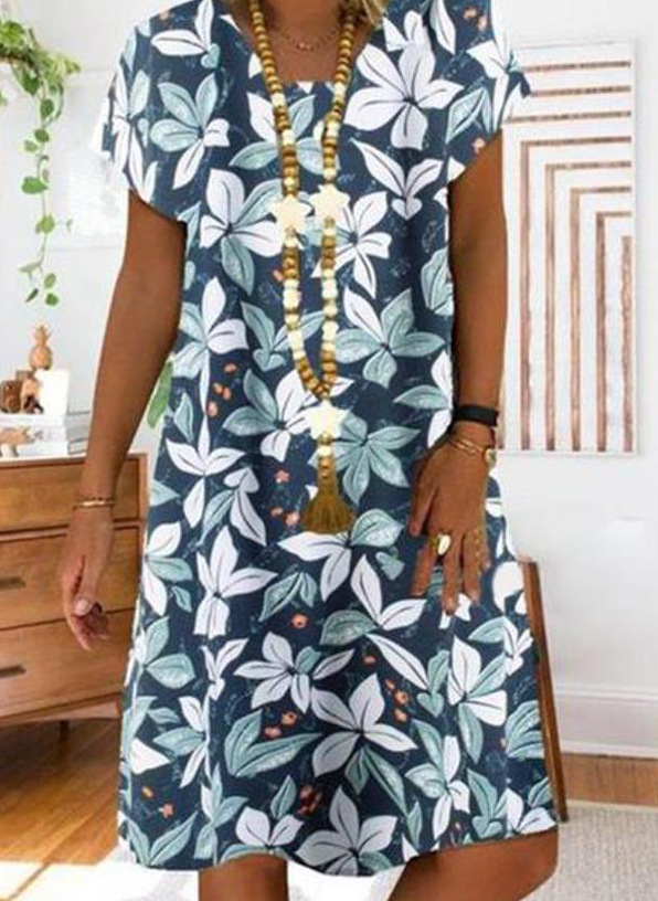 Fashion Short Sleeve Round Neck Print Mid-Length Dress
