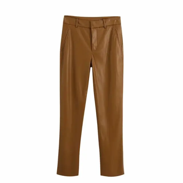 Women's Solid Color Fashion Imitation Leather Pants Chocolate Color S - Shop at LoveMi