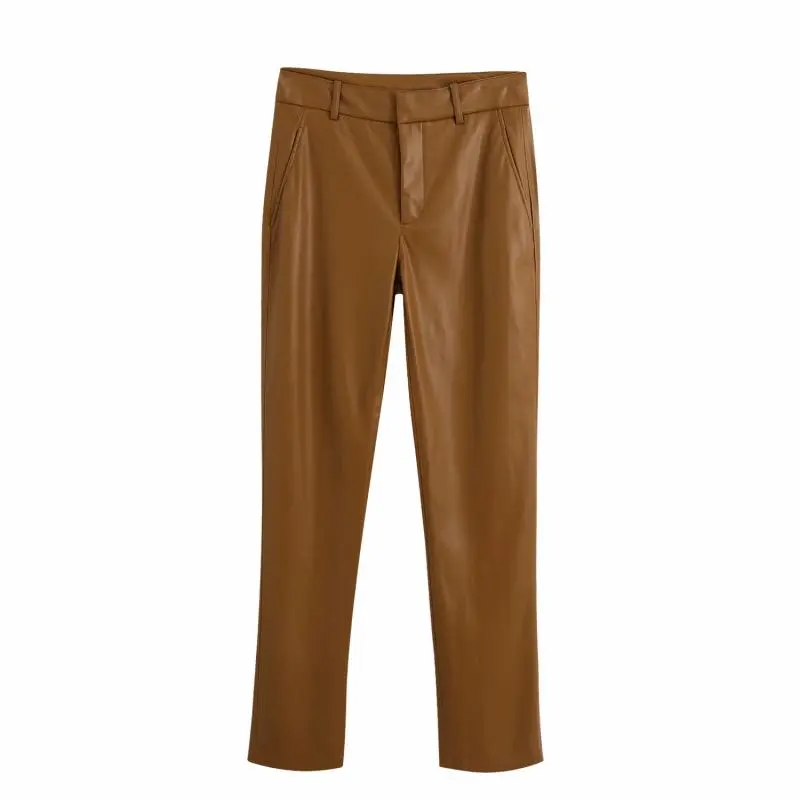 Women's Solid Colour Fashion Imitation Leather Pants - Chocolate Colour-S