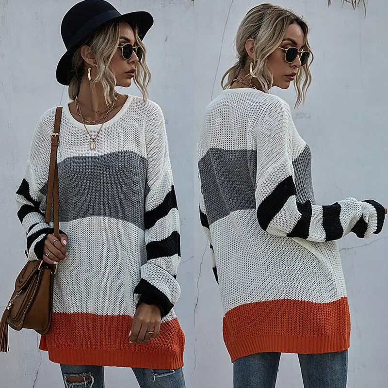 Women s Striped Round Neck Knitted Sweater