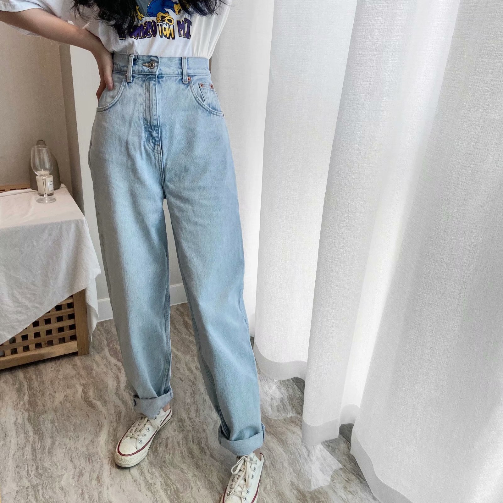 Ladies Drape Washed Denim Blue Loose Daddy Jeans