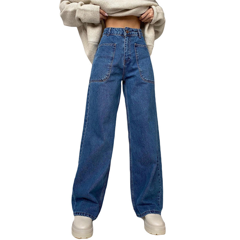High Waist Bag Hip Wide Leg Casual Pants Trend Patch Pocket Straight-Leg Jeans
