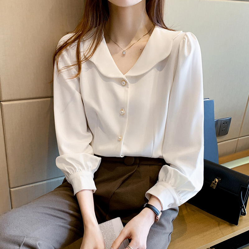 Doll Collar White Shirt Female Niche Long-Sleeved Shirt French Puff Sleeve Top