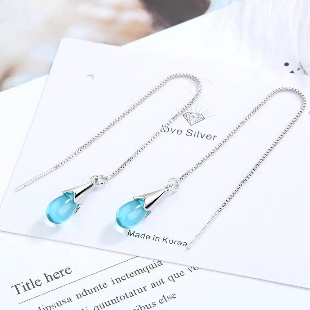 Blue Water Drop Earrings Long Tassel Sen