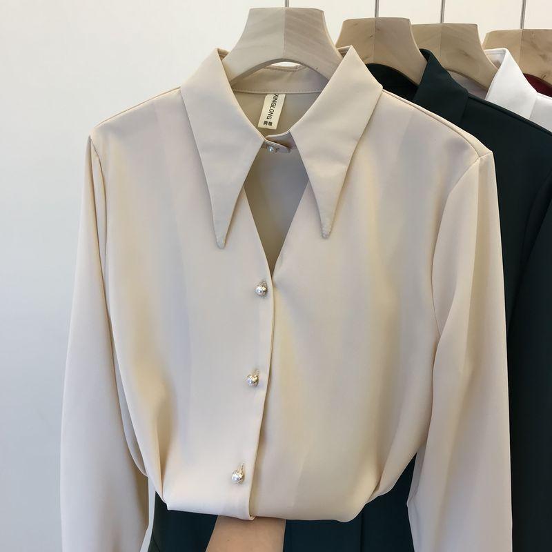 Long-Sleeved Lapel Hollow Silk Chiffon Shirt Female Light Mature Temperament Beaded Shirt