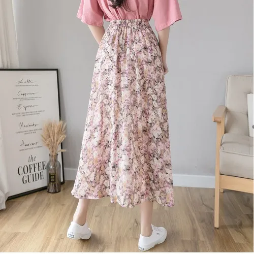 Floral Half Length Skirt Female Spring And Summer New Mid Length Skirt, High Waist, Thin Temperament, A Line Skirt, Long Chiffon Skirt, Small Fresh... Pink - Shop at LoveMi