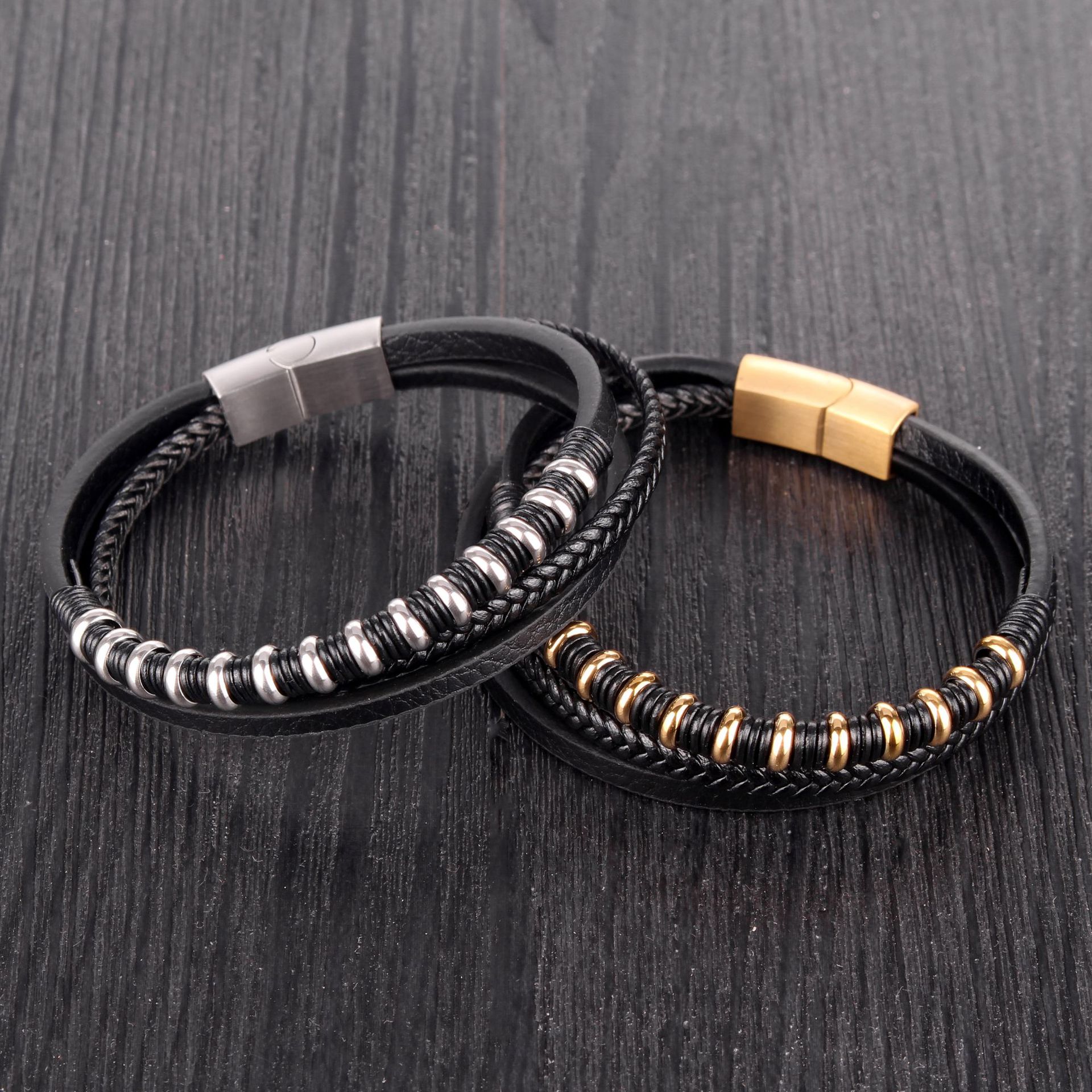 Personalized Multi-Layer Black Leather Simple Retro Woven Magnetic Buckle Men's Bracelet