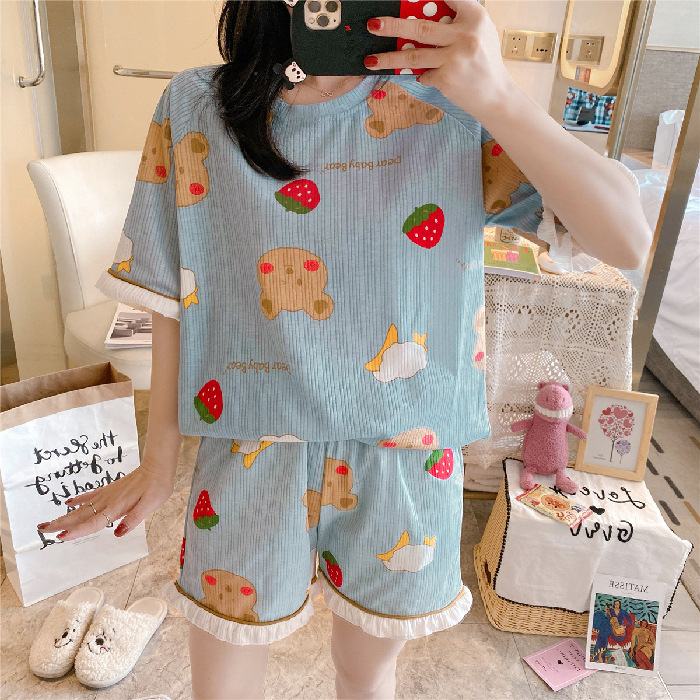  Summer New Style Short-Sleeved Women's Home Service Suit Cute Loose And Comfortable Pajamas Women 6535 Cotton
