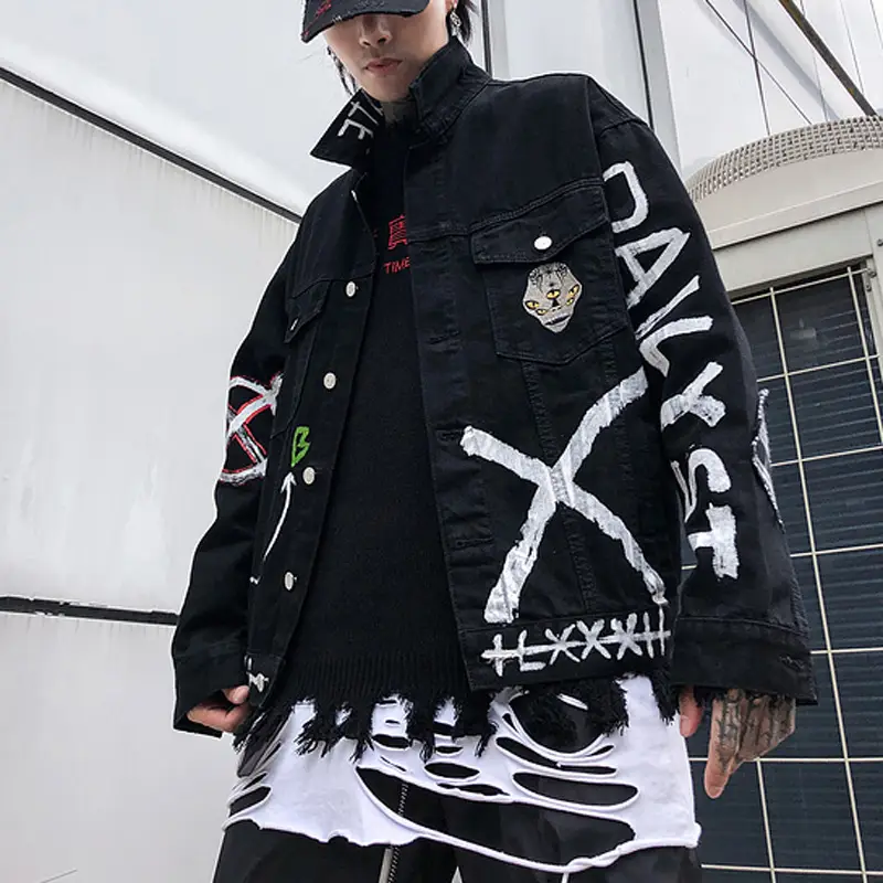 Printing Black Denim Jacket Men's Autumn And Winter Trend Handsome Cardigan Jacket