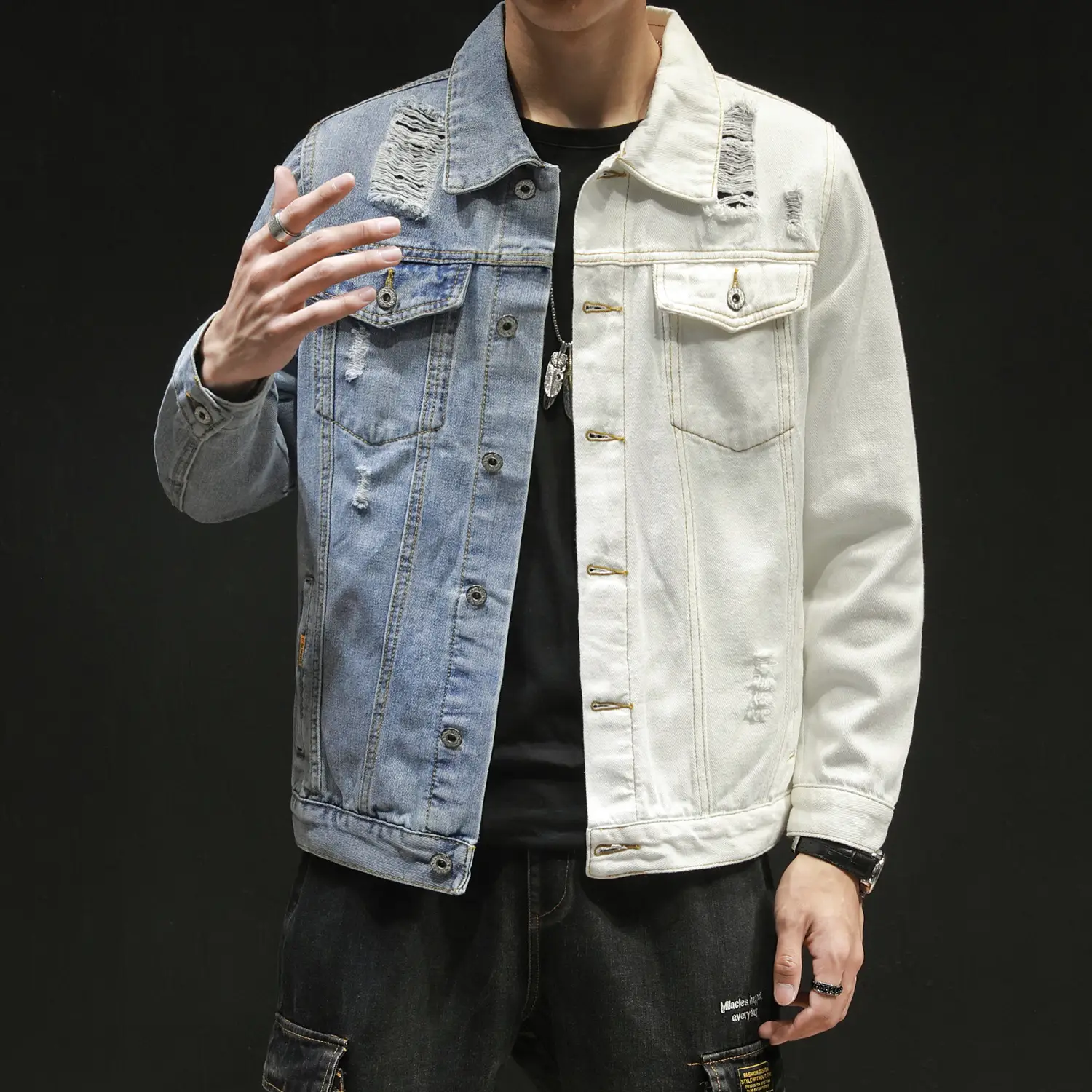 Japanese Tide Brand Color Matching Denim Jacket Male Korean Version Trend Hole Self-Cultivation Large Size Youth Casual Jacket Male Autumn