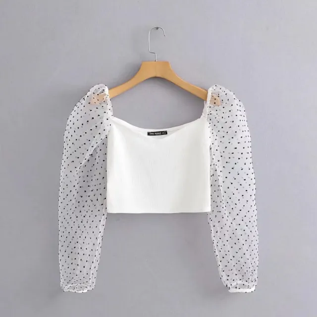 Transparent Polka Dot Jacquard Puff Sleeve Top Transparent - Shop at LoveMi