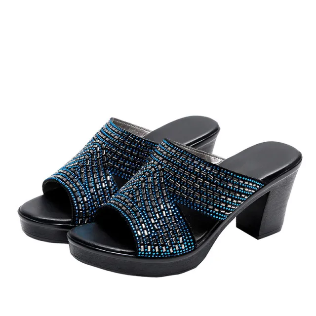 Summer Casual Fashion Outer Wear Rhinestone Platform Thick Heel Platform High Heels Blue - Shop at LoveMi