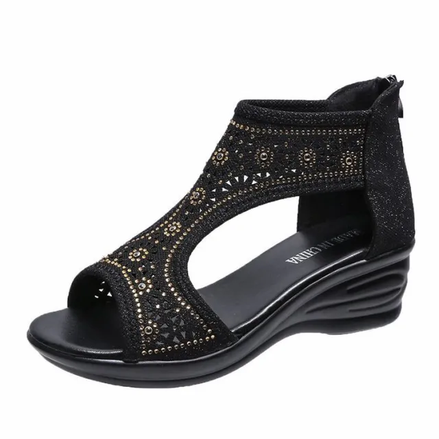 Summer New Style Wedge Heel Zipper Open Toe Rhinestone Sandals Black - Shop at LoveMi
