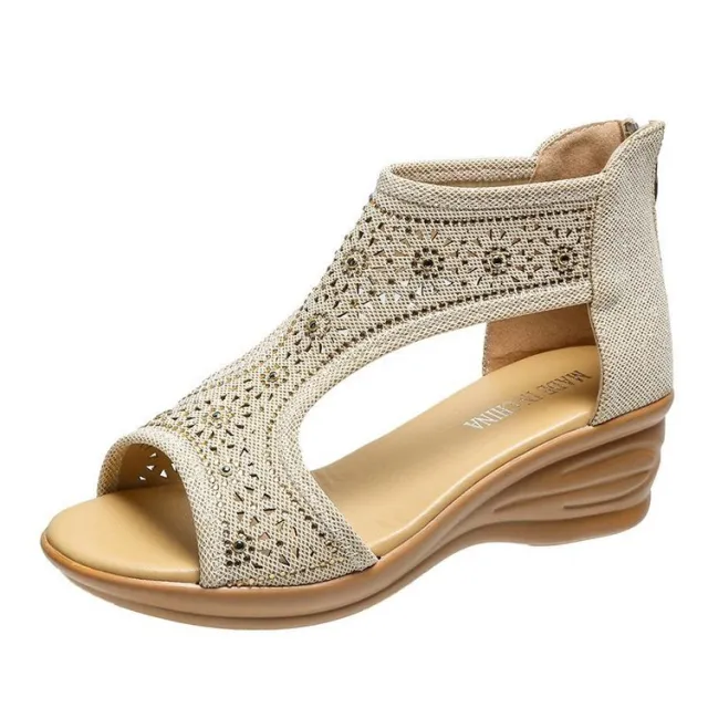 Summer New Style Wedge Heel Zipper Open Toe Rhinestone Sandals Khaki - Shop at LoveMi
