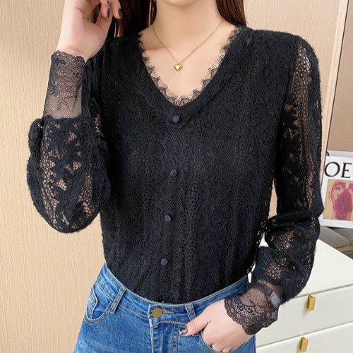 Long Sleeved Lace Top V Neck Lantern Sleeve Stitching Lace Shirt
