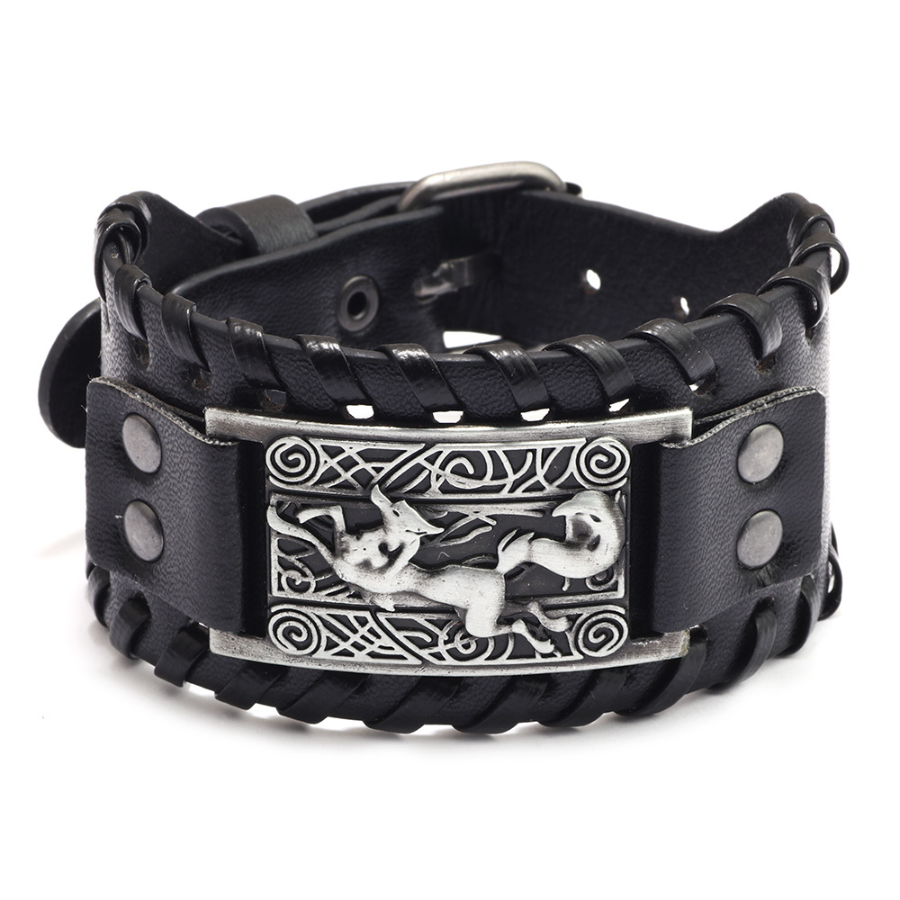 Genuine Leather Alloy Fox Wide Leather Bracelet Amazon Hot Style Men's Retro Braided Bracelet