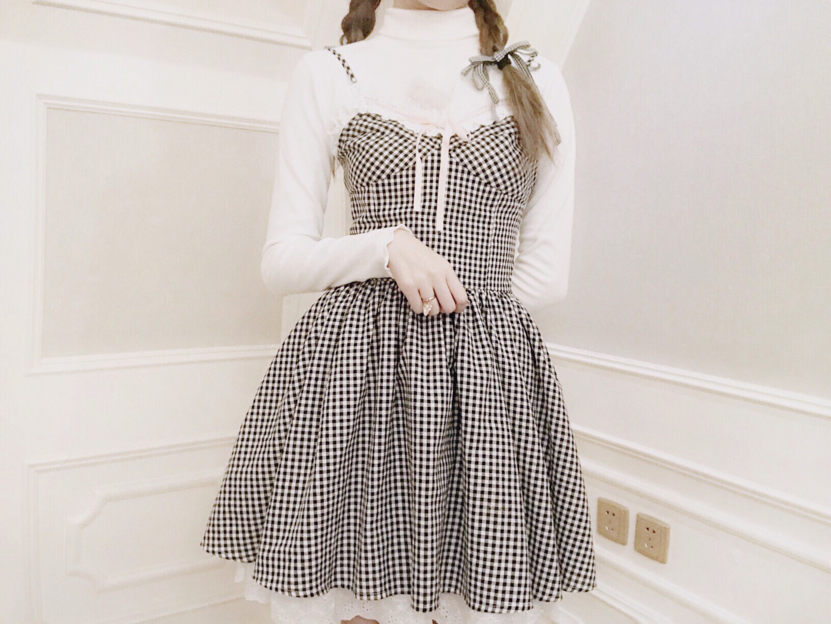 Sweetheart Girl Bowknot Ruffle Lace First Love Dress Fairy Plaid Sling Skirt Cotton Dress