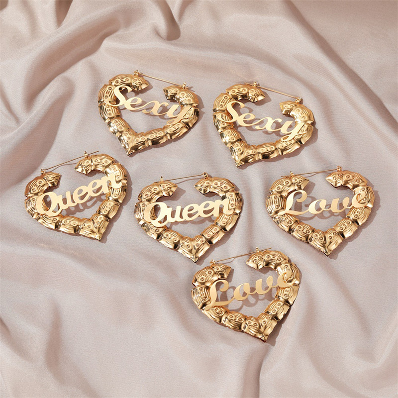 Personality Women Fashion Bamboo Hoop Earrings Letter Queen Love Sexy Dangle Earrings 