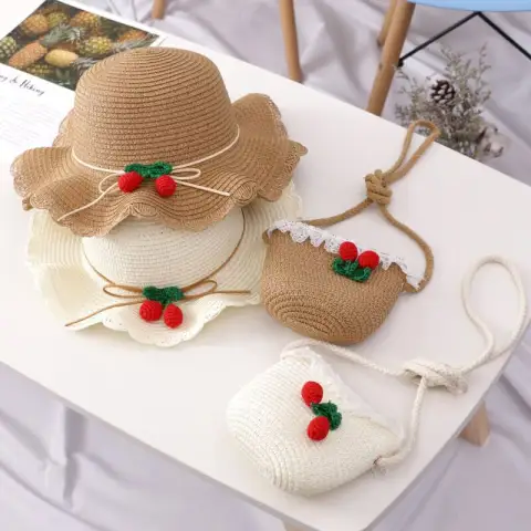 Girl Cherry Straw Hat Bag Set Princess Hat Beach