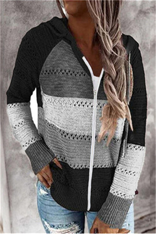 Paneled long-sleeved hooded striped zipper sweater