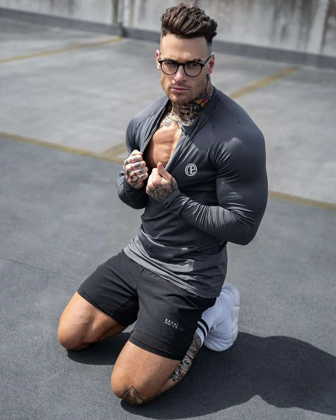 Zipper Neck Fitness Shirts Men Black Long