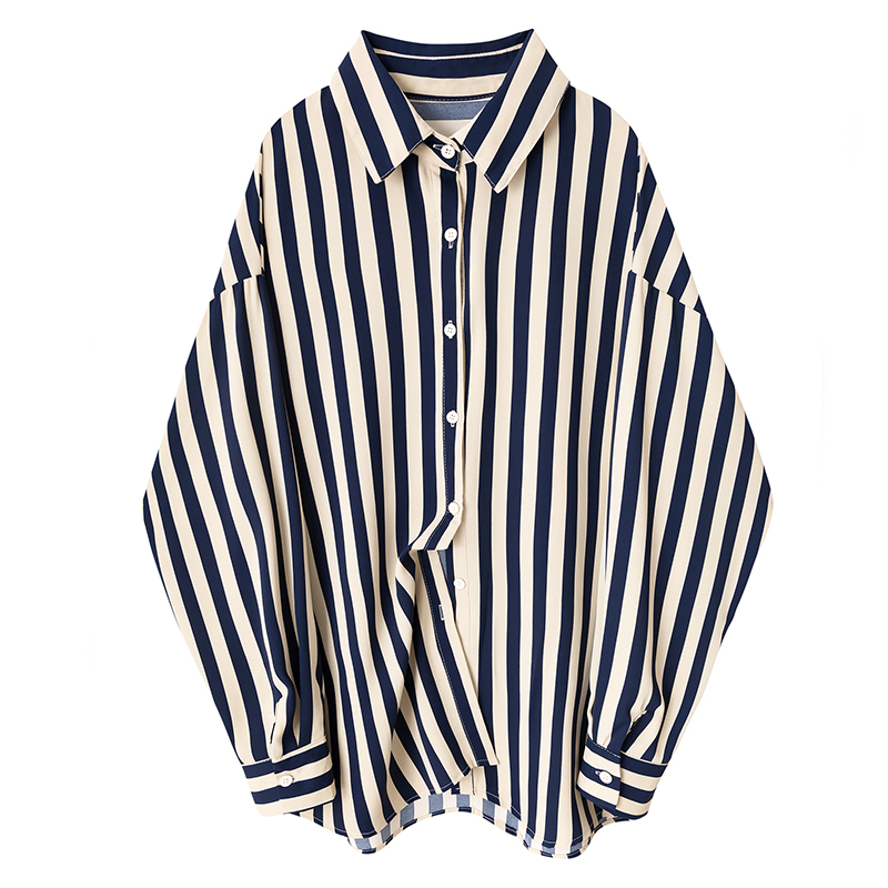 New Design Sense Hong Kong Taste Temperament Niche Loose Striped Shirt Women
