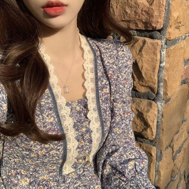 Lace Collar Tea Break Floral Long Sleeve Dress