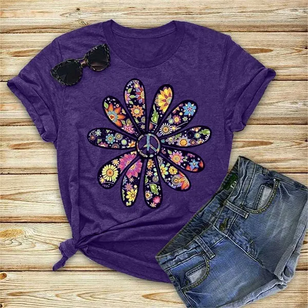 Sunflower Ladies T shirt Art Print Short Sleeve Purple - Shop at LoveMi