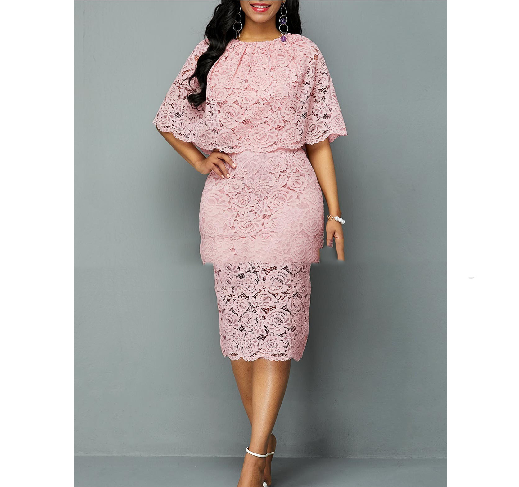 Ladies Round Neck Lace Hollow Slim Dress