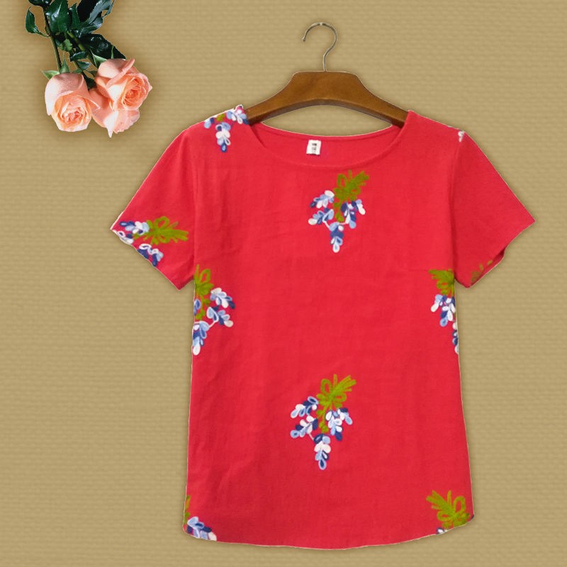 Summer Middle-Aged And Elderly Women's Ethnic Short-Sleeved Three-Quarter Sleeves Embroidered Large Size Loose Slim Small Shirt