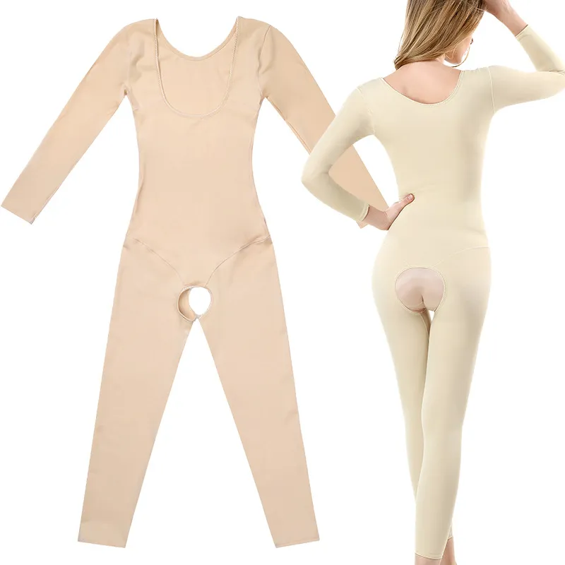 Shapewear One-Piece Bodysuit Fat Burning Abdomen Girdle Body Postpartum Hip Lifting Long Sleeve Trousers Thin Whole Body Seamless Women - Skin Tone-M