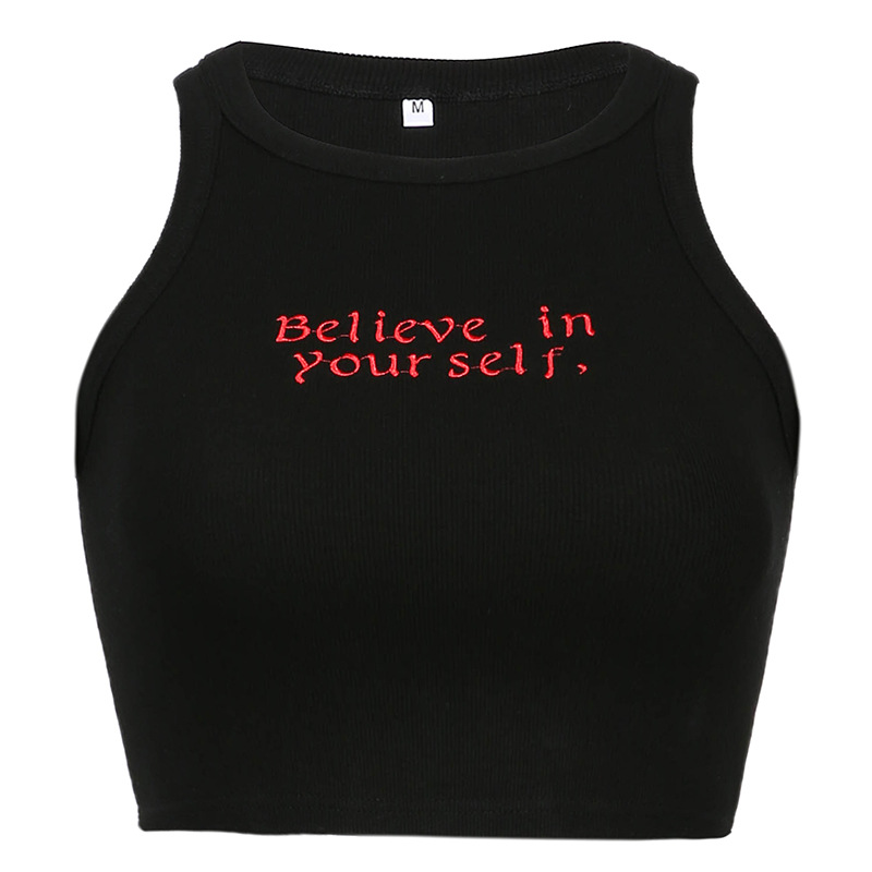 Letter Embroidery Contrast Color Sleeveless Round Neck Top - Image 5