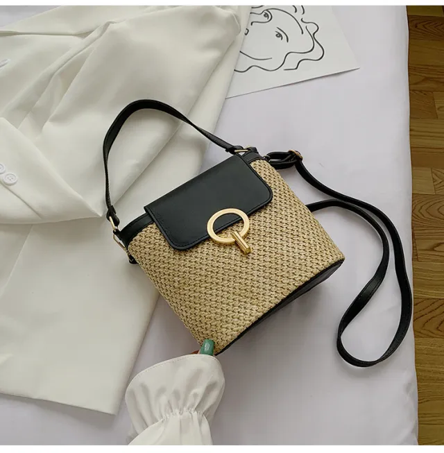Lock Straw Woven Bag, Portable Bucket Bag, Shoulder Messenger Bag Black - Shop at LoveMi