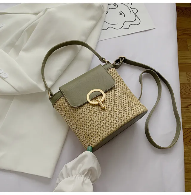 Lock Straw Woven Bag, Portable Bucket Bag, Shoulder Messenger Bag Green - Shop at LoveMi