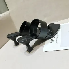 Square Toe Fashionable Outer Wear Open-toed Flip-flops High-heeled Sexy Sandals And Slippers - Black - View 1