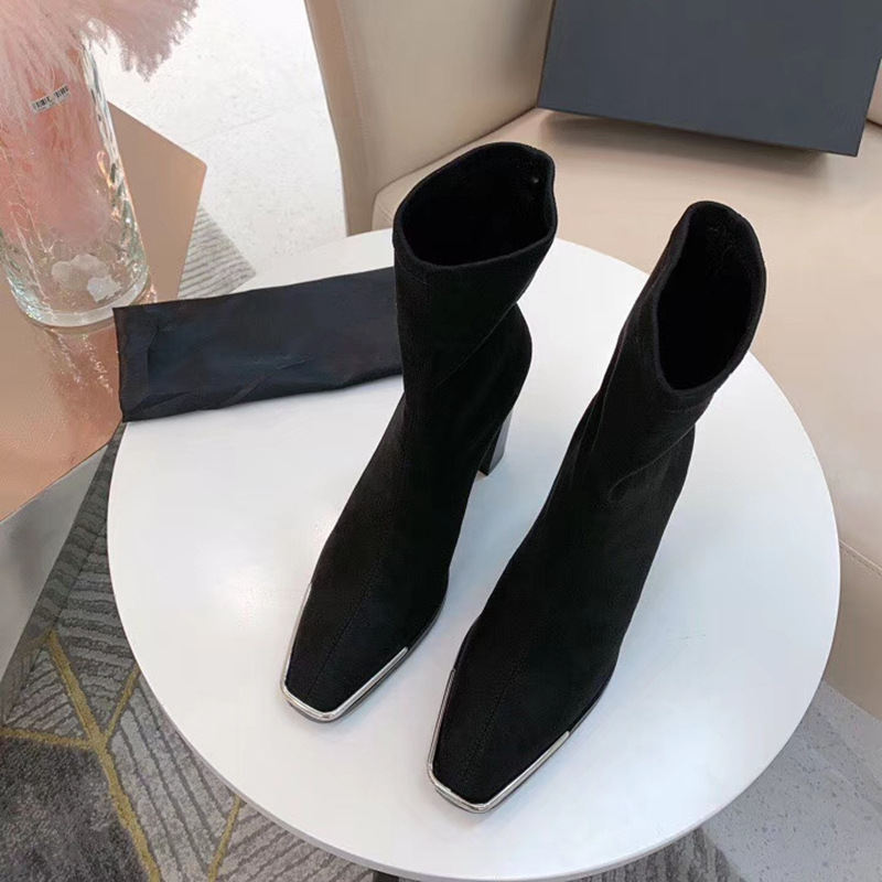 Metal High-heeled Short Boots Women's Thick-heeled Mid-tube