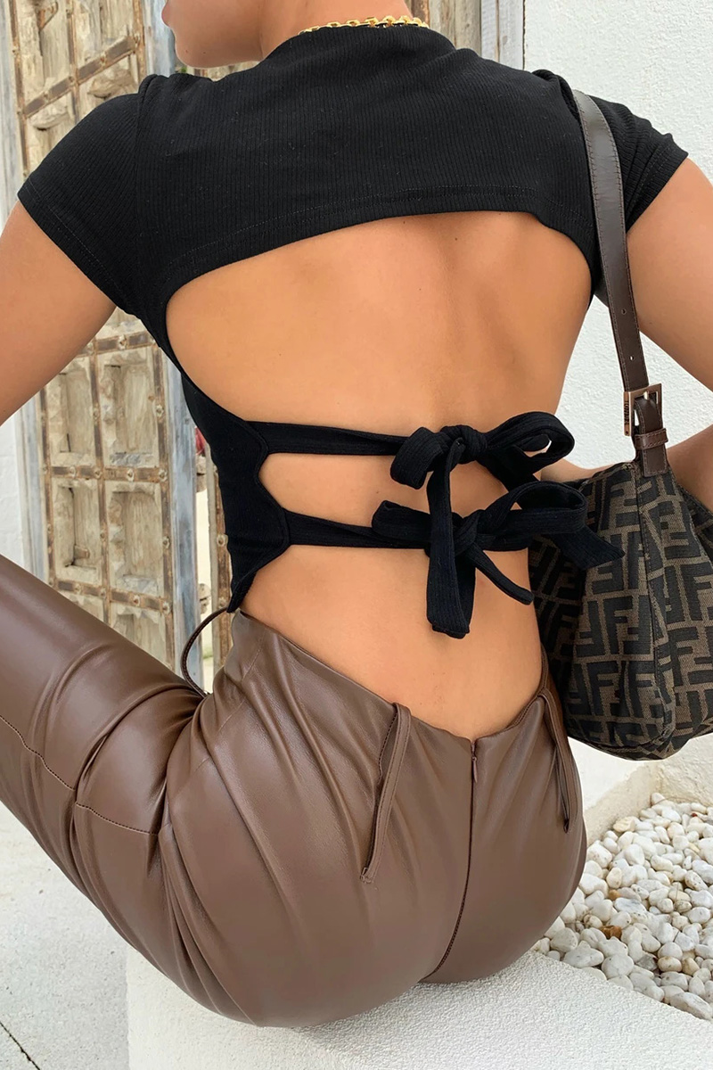 European And American Round Neck Open Back Bandage Short Sleeve T-Shirt Women