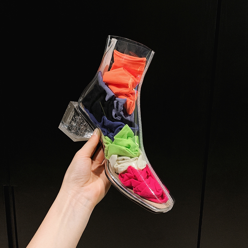 Transparent Women's Boots Rain Boots High Heels Thick Heel Square Toe Crystal Heel