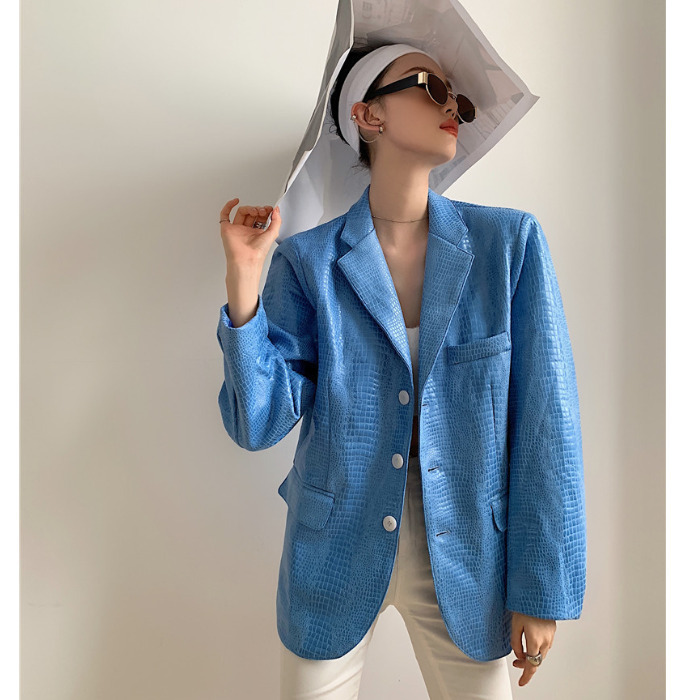 Thick Loose Shoulder Pad Blue Leather Jacket