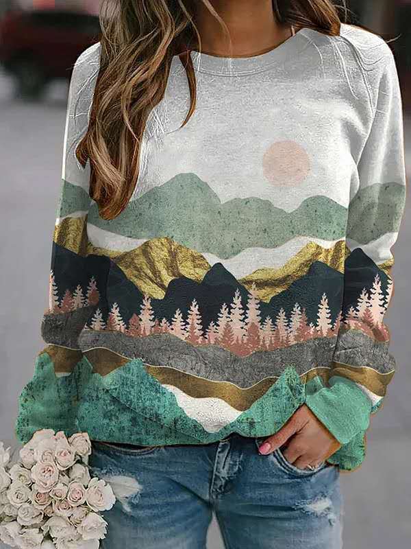 Landscape Print Long Sleeve Ladies Pullover Sweater