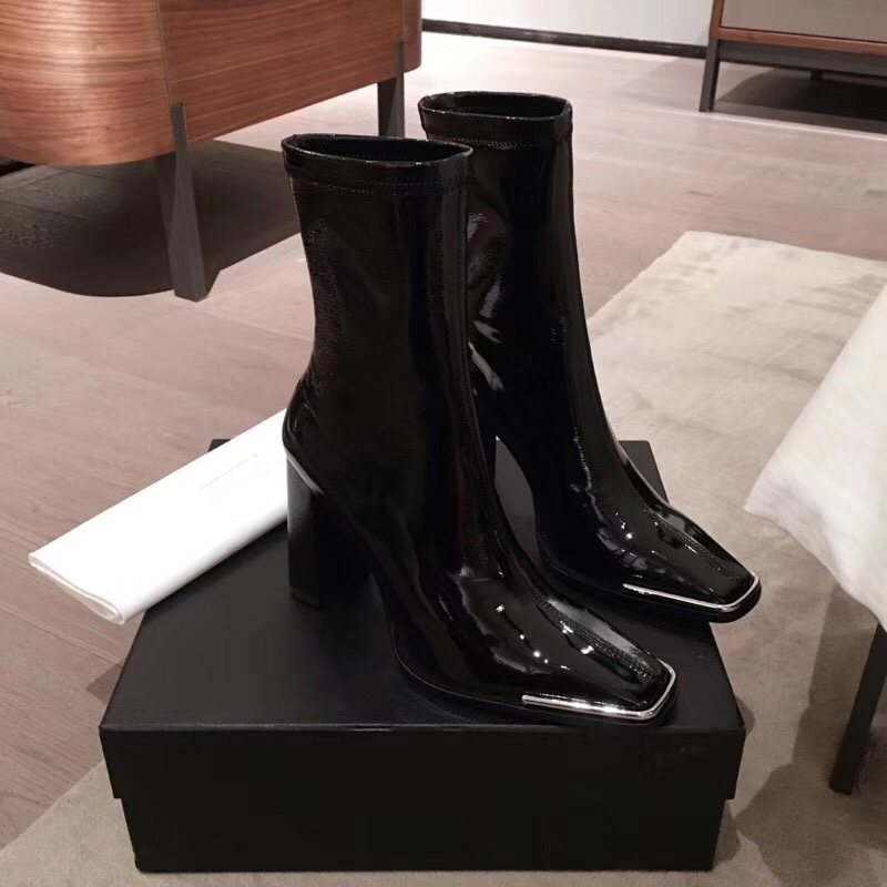  Winter New Metal Buckle Square Toe Sleeve High Heel Elastic Thick Heel Bright Leather Boots