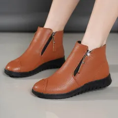 New Winter Mother's Cotton Shoes Short Boots Soft Sole Flat Heel - Brown - View 1