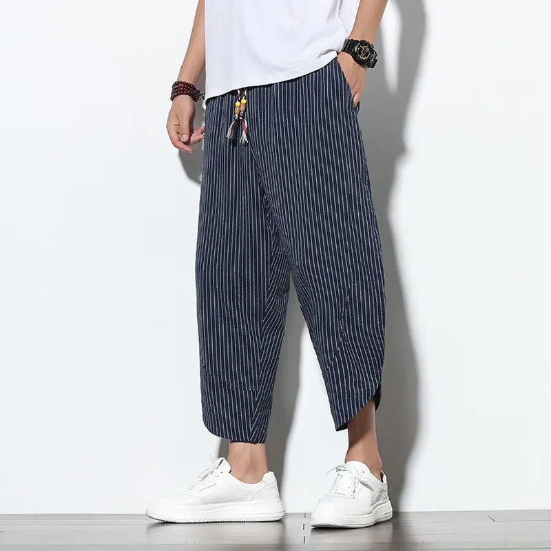 Chinese Style Cotton And Linen Pants Striped