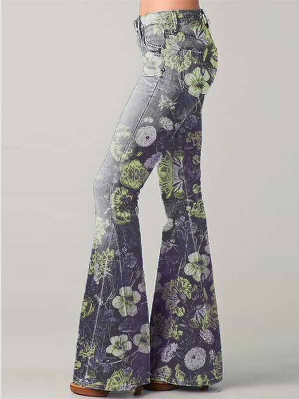 Fashion Gradient Floral Print Denim Flared Pants Green - Shop at LoveMi