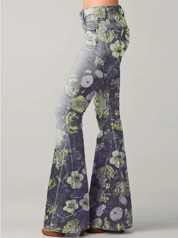 Fashion Gradient Floral Print Denim Flared Pants Green - Shop at LoveMi