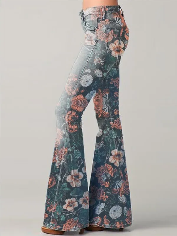 Fashion Gradient Floral Print Denim Flared Pants Red - Shop at LoveMi