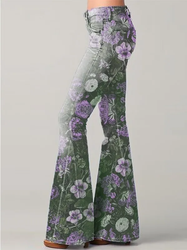 Fashion Gradient Floral Print Denim Flared Pants Purple - Shop at LoveMi